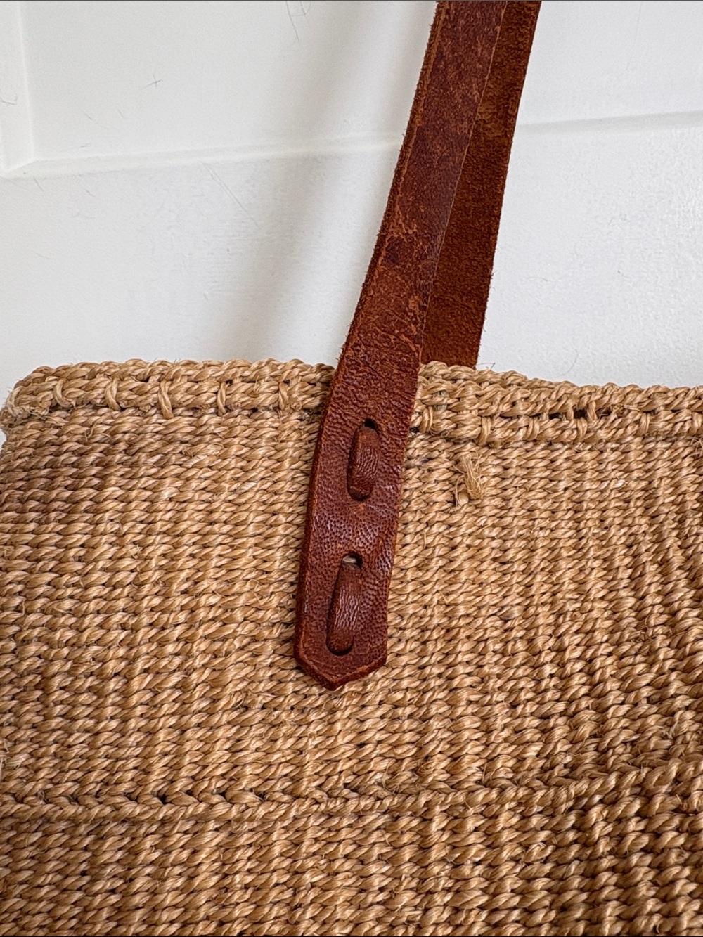 Woven Straw Tote Bag with Brown Leather Straps - Picture 2 of 9